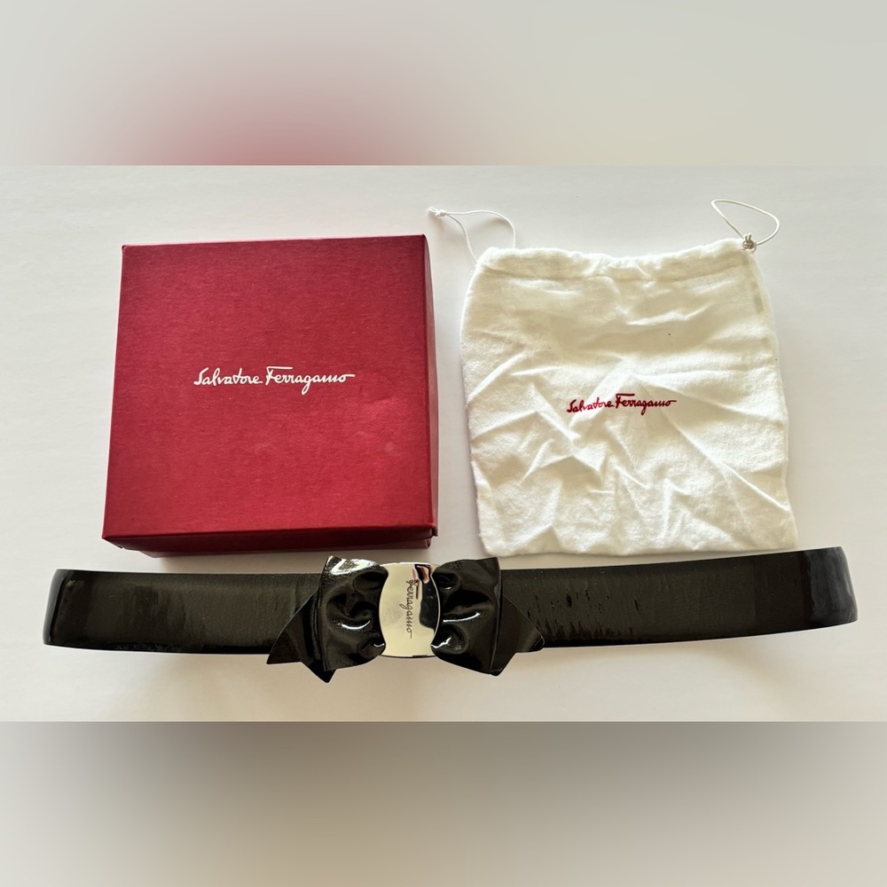 Salvatore Ferragamo Black Patent Leather Bow Belt
